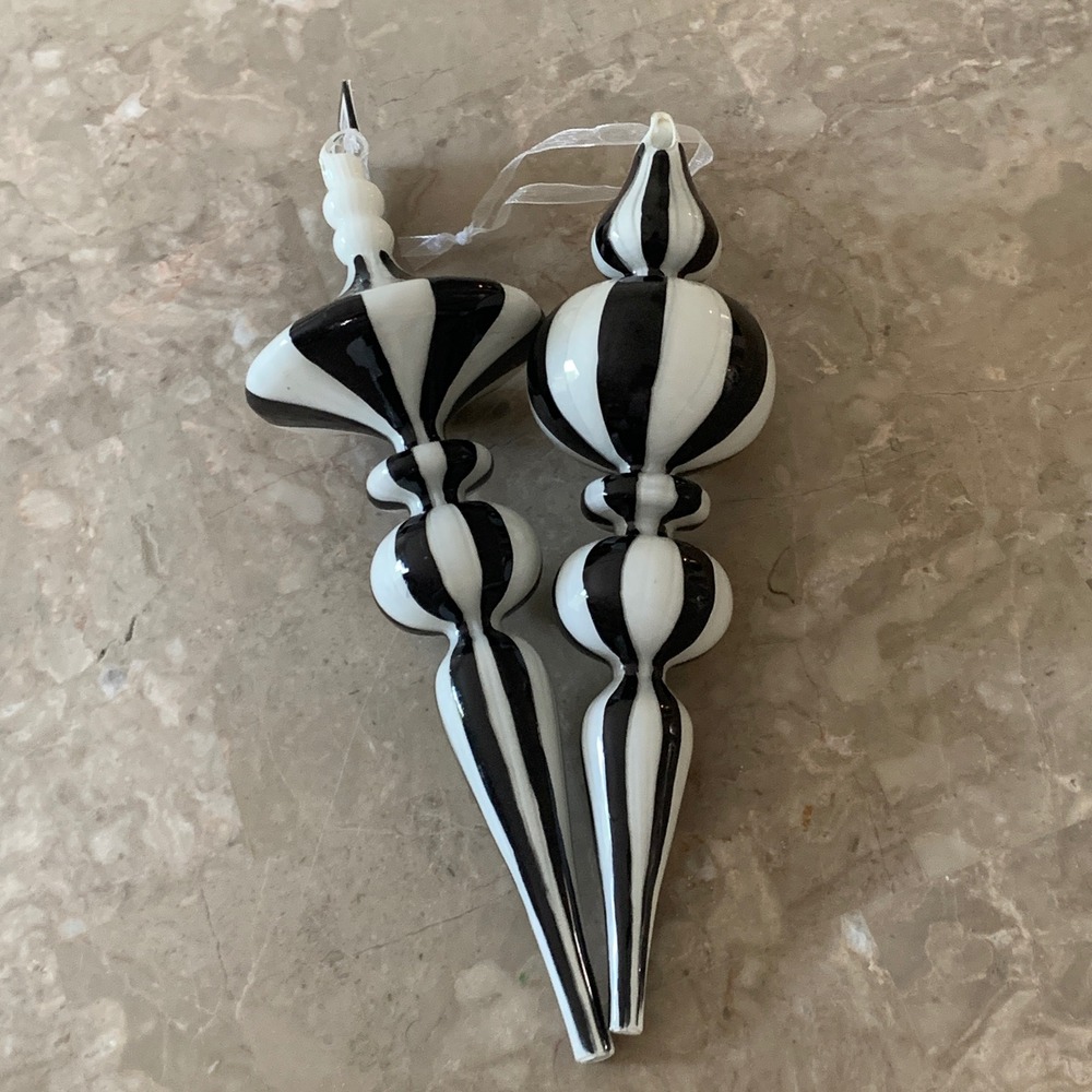 Robert Stanley Black White Striped Glass Finial Christmas Ornaments Set of 2
